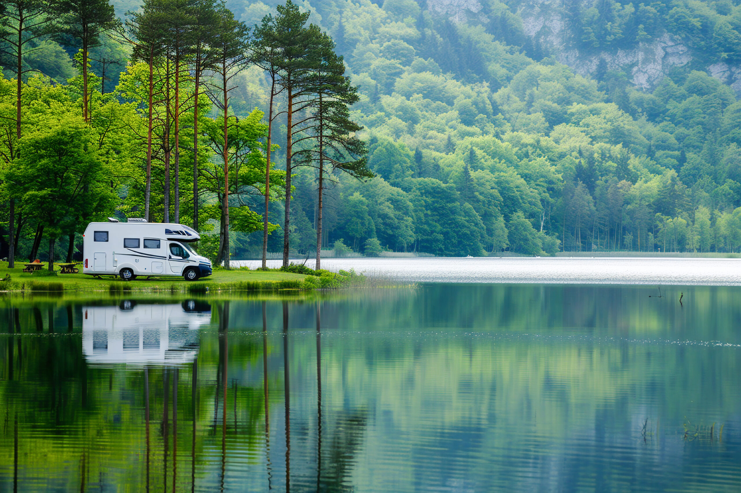 A campervan by a peaceful lake, surrounded by majestic mountains and dense evergreen trees.
